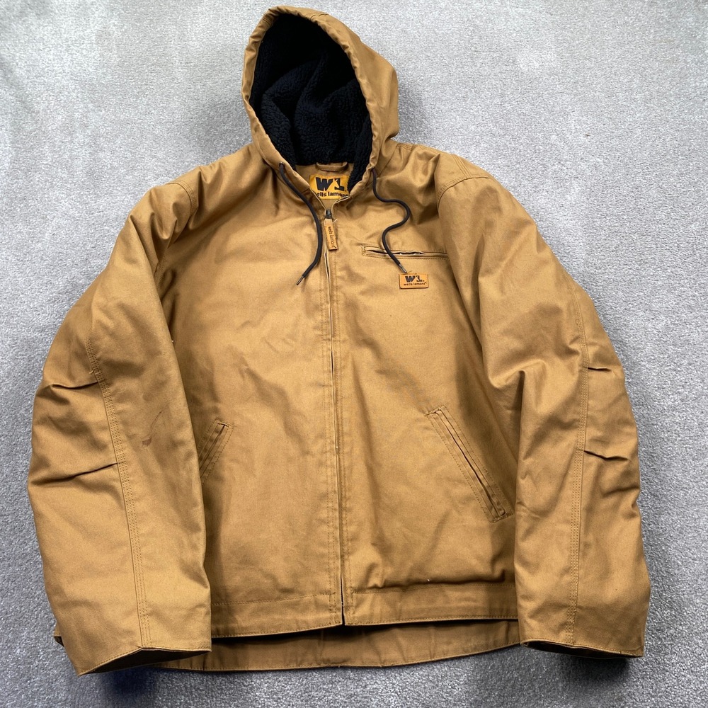 Wells Lamont Work Jacket Mens XL Brown Sherpa Lined Hooded Canvas Zip Up